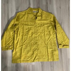 Chico's Button Front Shirt Top Size 3 Women's Green Embroidery Silk Long Sleeve